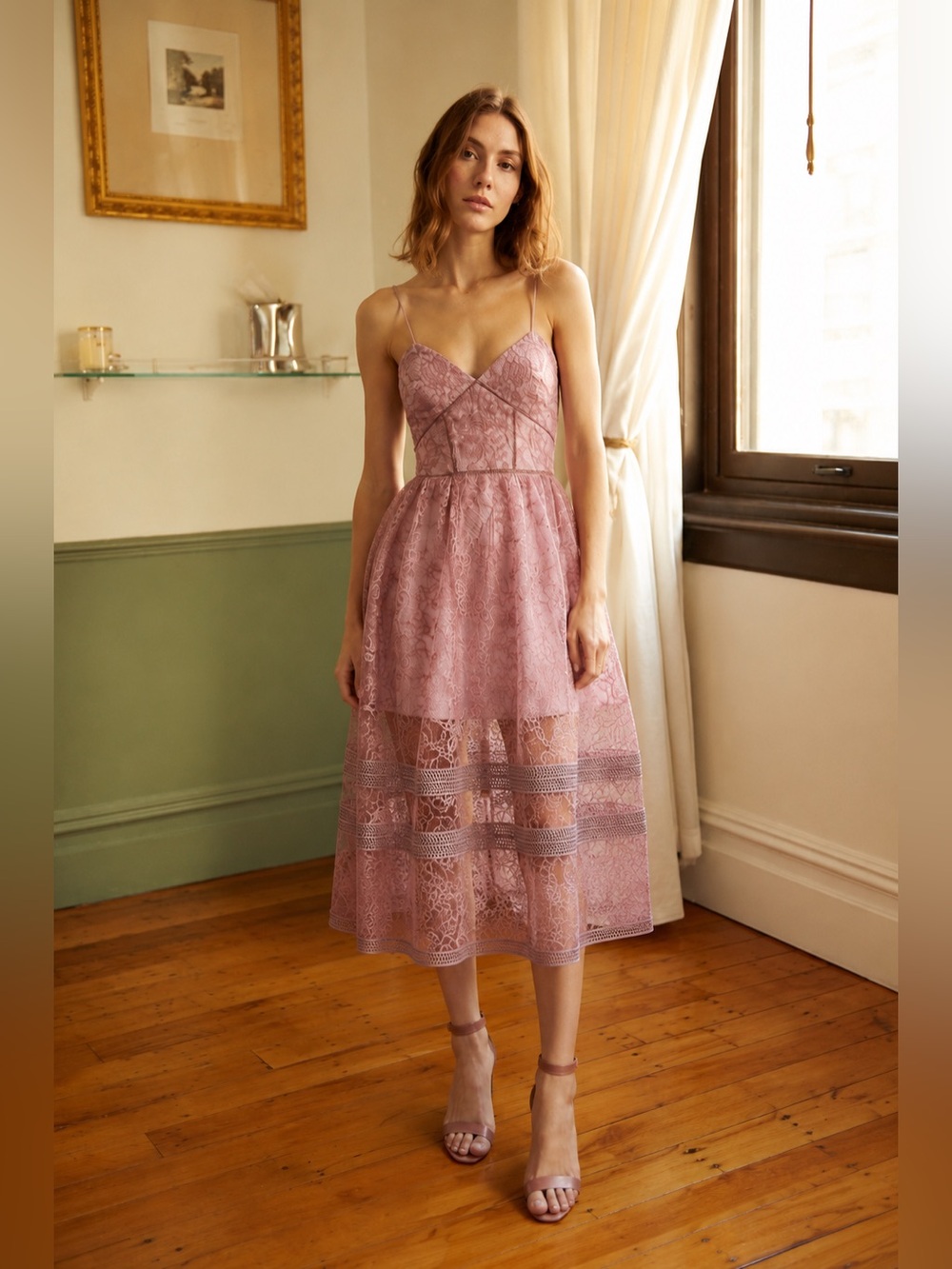 Self-Portrait Floral Guipure Lace Fit & Flare Midi Dress Dusty Pink Rose 💗size 6